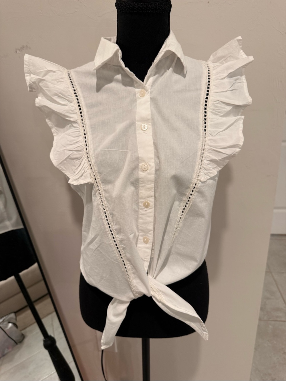 White Ruffle Flutter Sleeve Button Front Tie Front Eyelet Trim Blouse